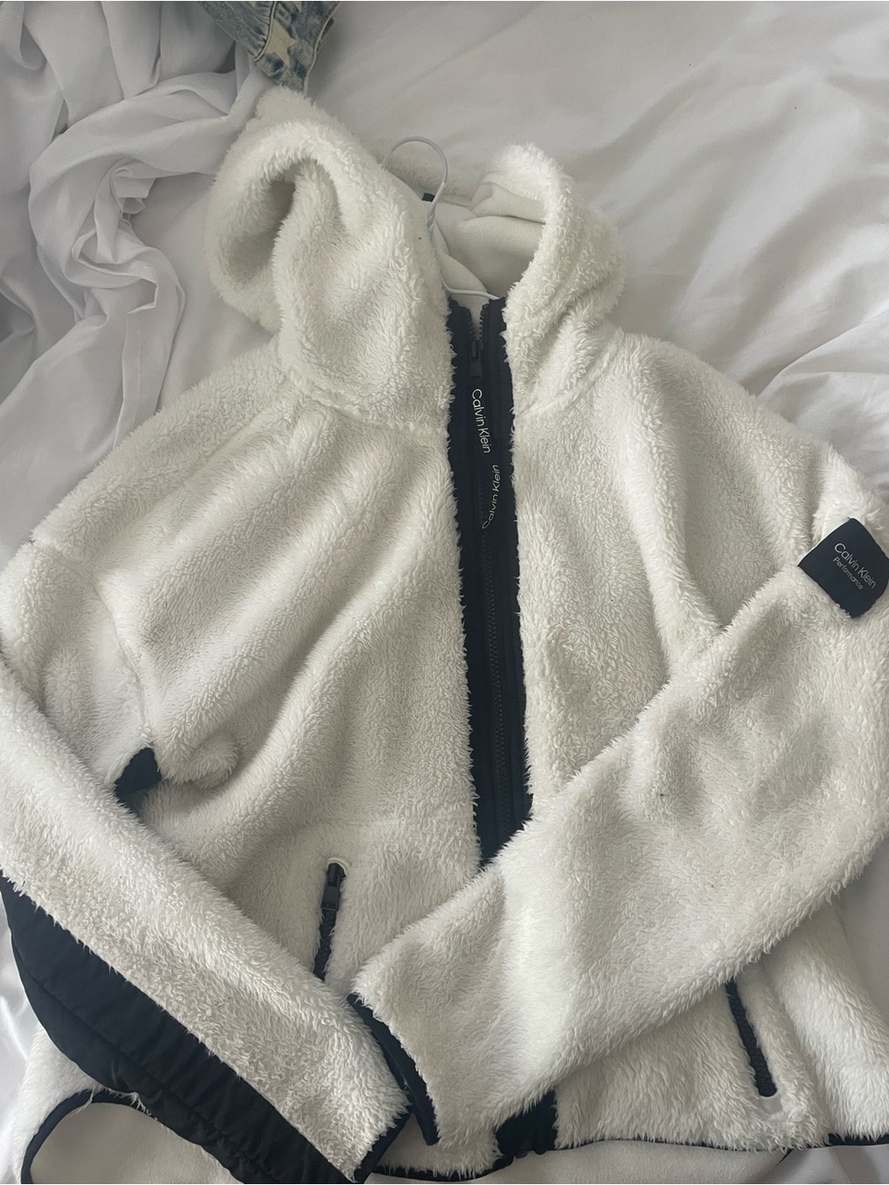 Calvin Klein Cream Sherpa Hooded Zip Jacket with Black Trim